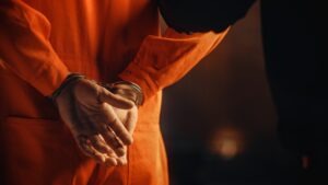 A man is wearing an orange jumpsuit and is handcuffed.