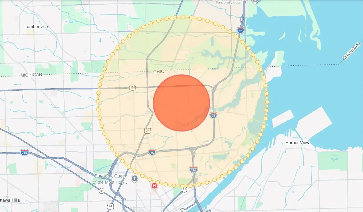 Map of the one-mile evacuation zone and three-mile shelter-in-place zone around the MC Tank terminal in north Toledo